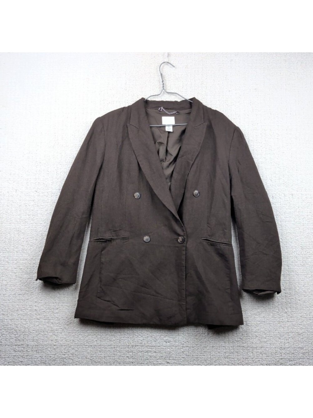 H&M Blazer Wom M Bark Brown Linen Blend Double Breasted Office Preppy Academia